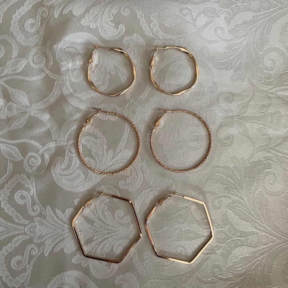 Three Pairs Large Geometric Gold-Tone Hoop Earrings